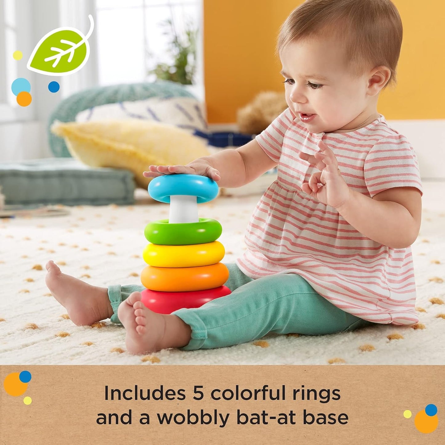 Fisher-Price Kleurenringpiramide, klassiek ringstapelspeelgoed gemaakt van plantaardige materialen, voor baby's van 6 maanden en ouder, GRF09